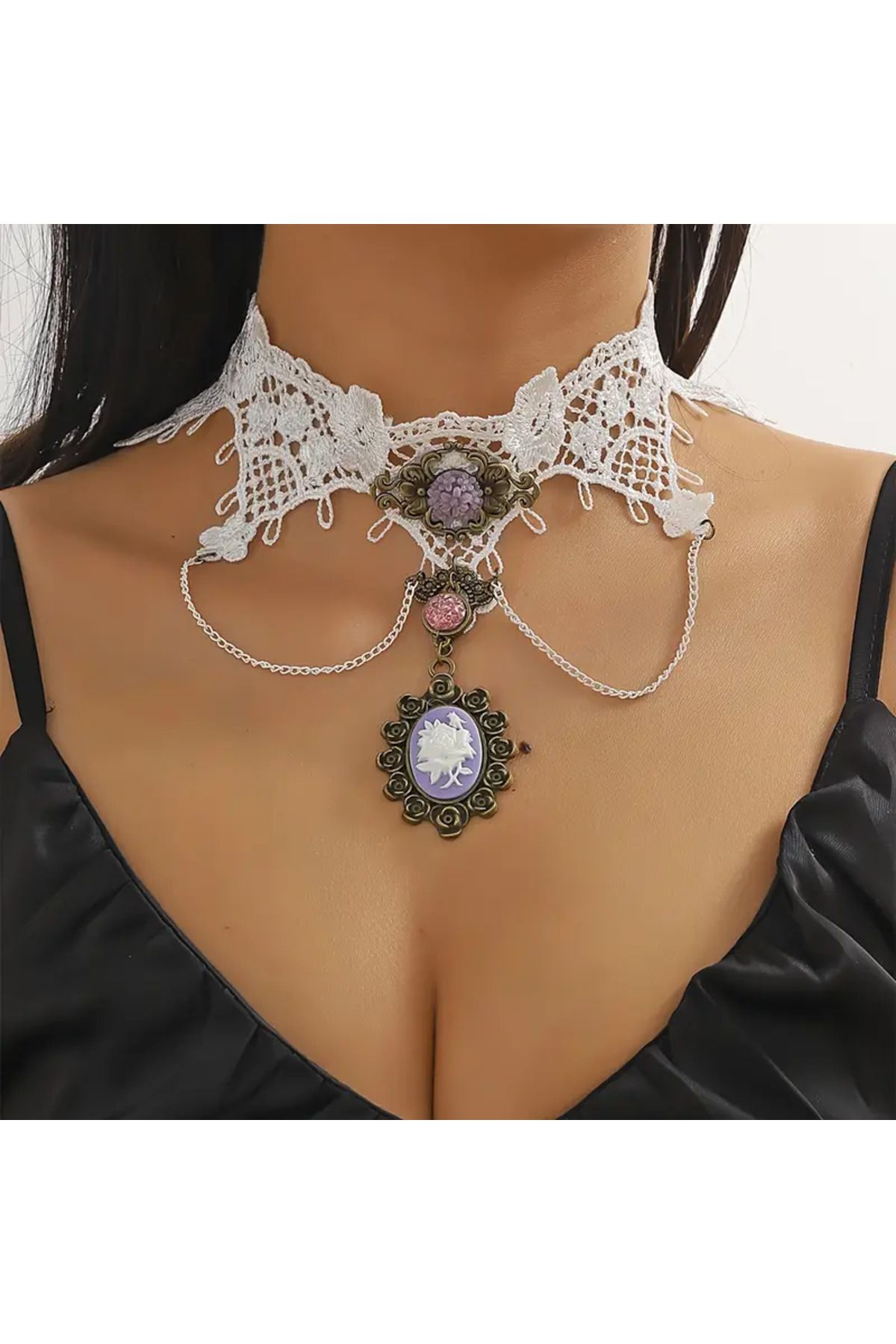 MİLALAZO Eski Gotik Sonsuzluk Temalı Dantel Yaka Kolye