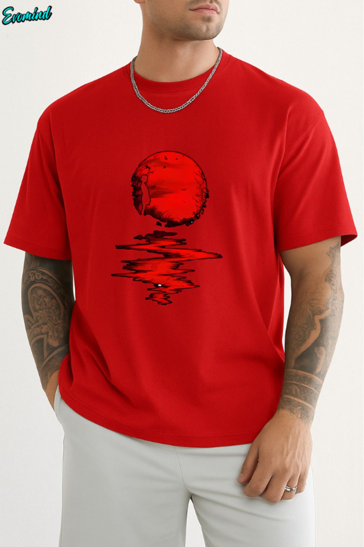 Evomind Kırmızı Dolunay Baskılı Unisex T-shirt