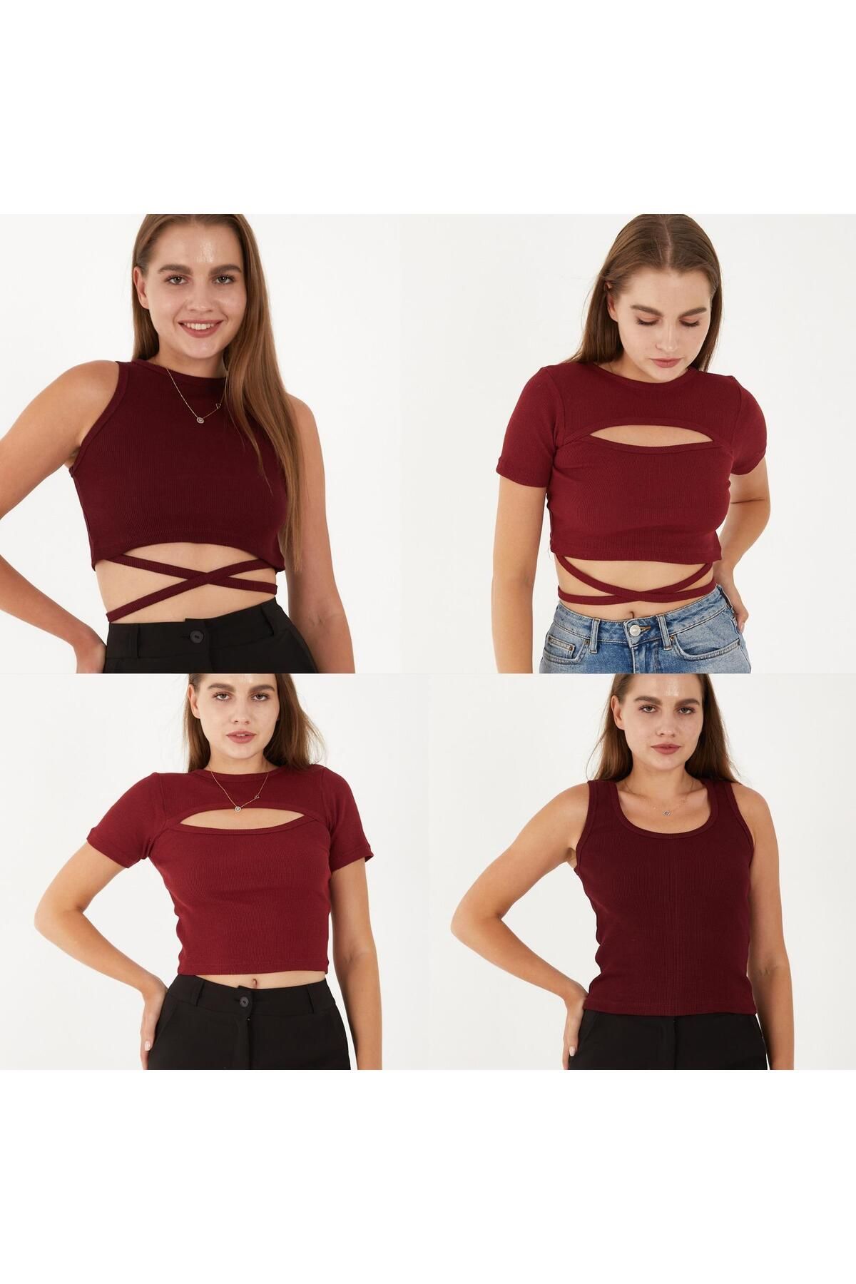 SWALORA 4'lü Takım Fitilli Pamuklu Mix Bluz, T-Shirt, Crop Seti