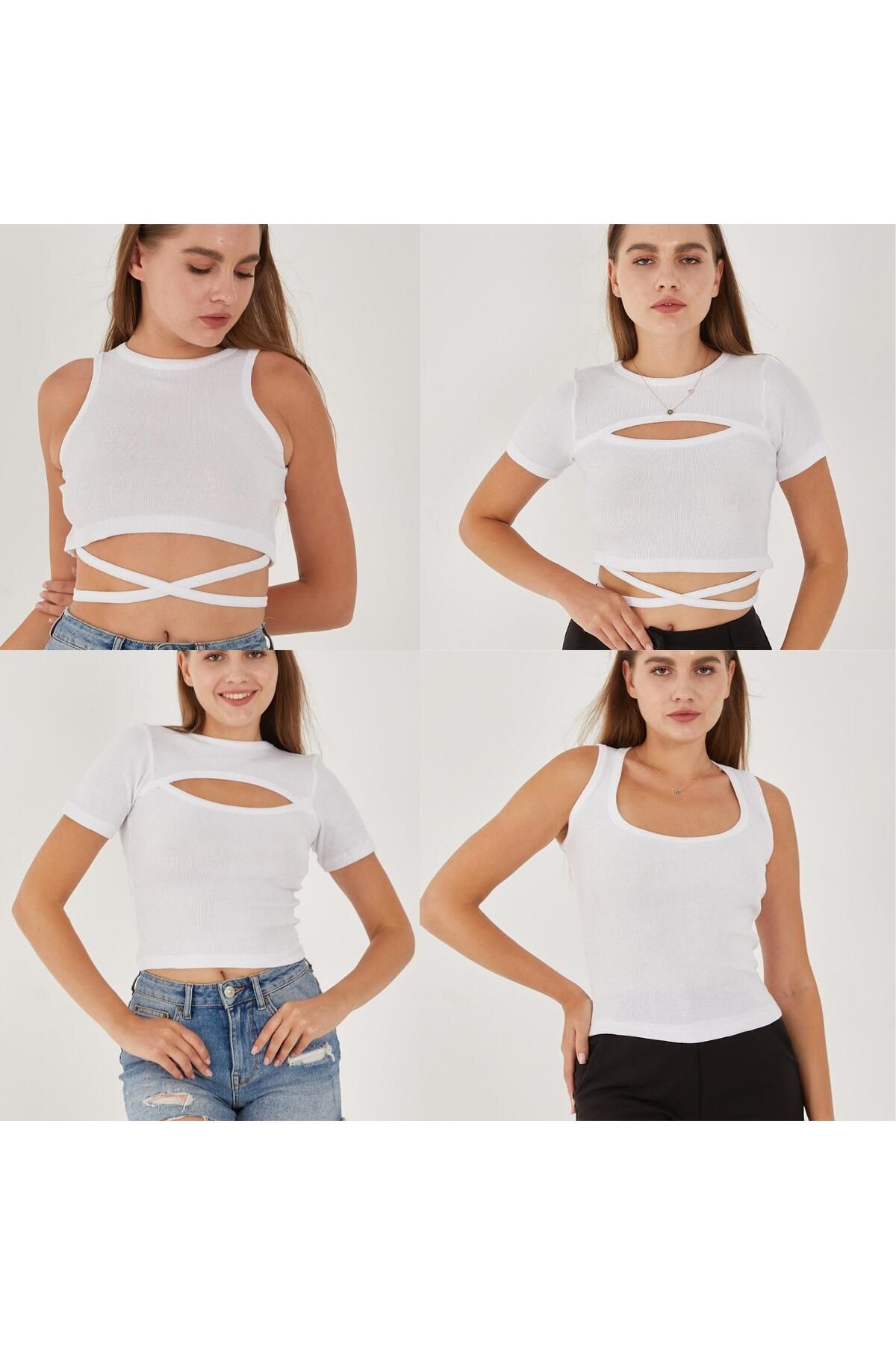 SWALORA 4'lü Takım Fitilli Pamuklu Mix Bluz, T-Shirt, Crop Seti