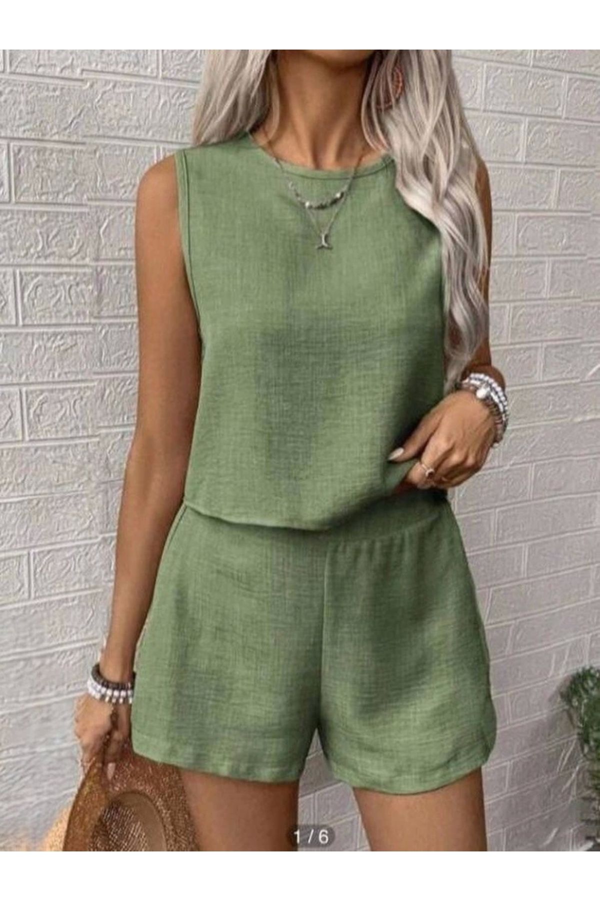 Silerra Kadın Keten Kumaş Bisiklet Yakakolsuz Bluz Ve Kısa şort Ikili Takım