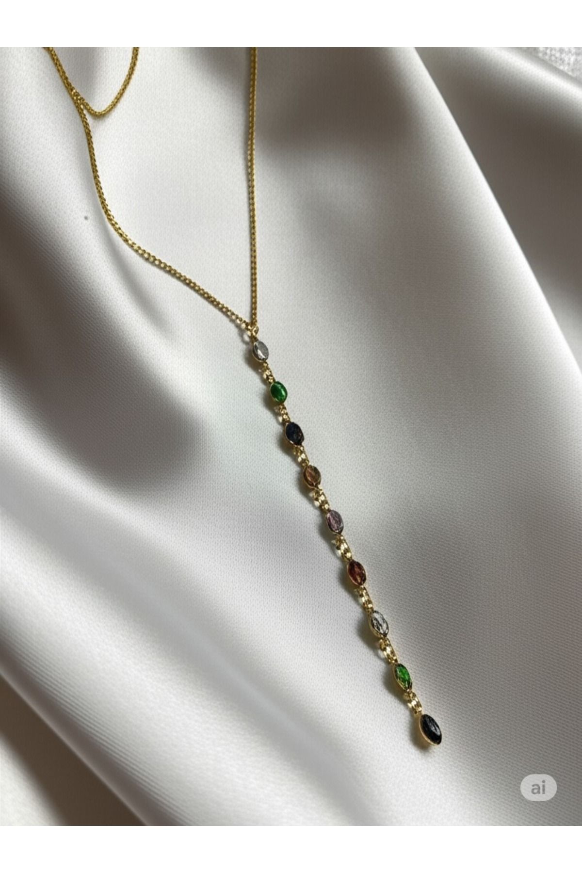 BURUCRAFT Y Kolye Renkli Oval Taşlı Gold Trend Kolye