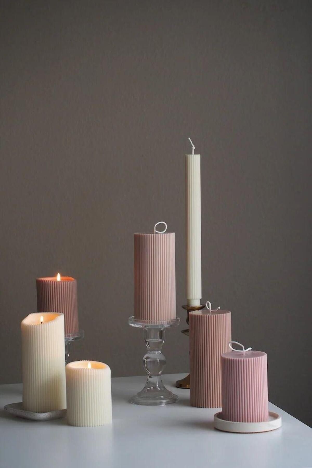 SCA CANDLE Dekoratif Mum Çokgen 20+15+10 CM +Şamdanlık Mum Toplam 4 Parça