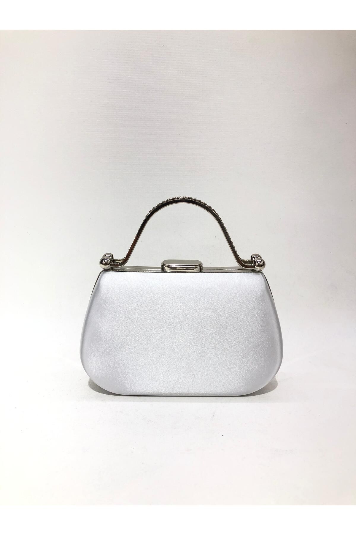 womenacs Gümüş Renk Elde Tutma Aksesuarlı Abiye Clutch Portföy Düğün Nişan Kına Kadın Gece Çantası (askılı)