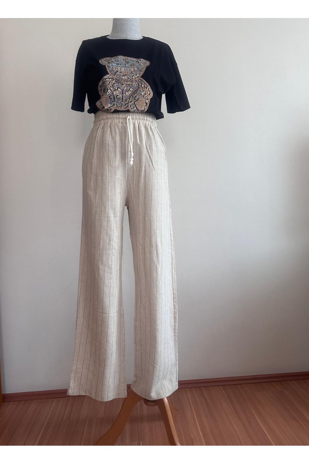 Butik Çizgili Keten Pantolon