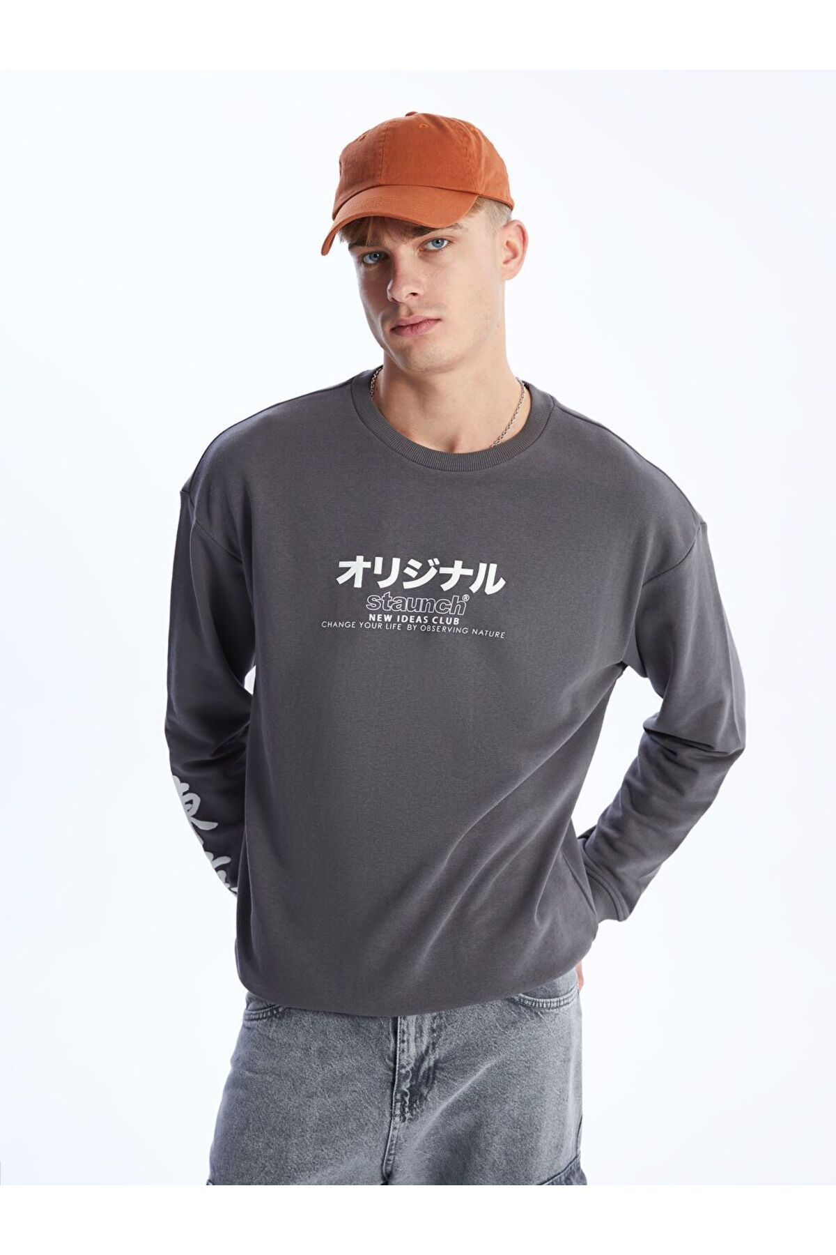 LC Waikiki Gri Bisiklet Yaka Uzun Kollu Baskılı Erkek Sweatshirt