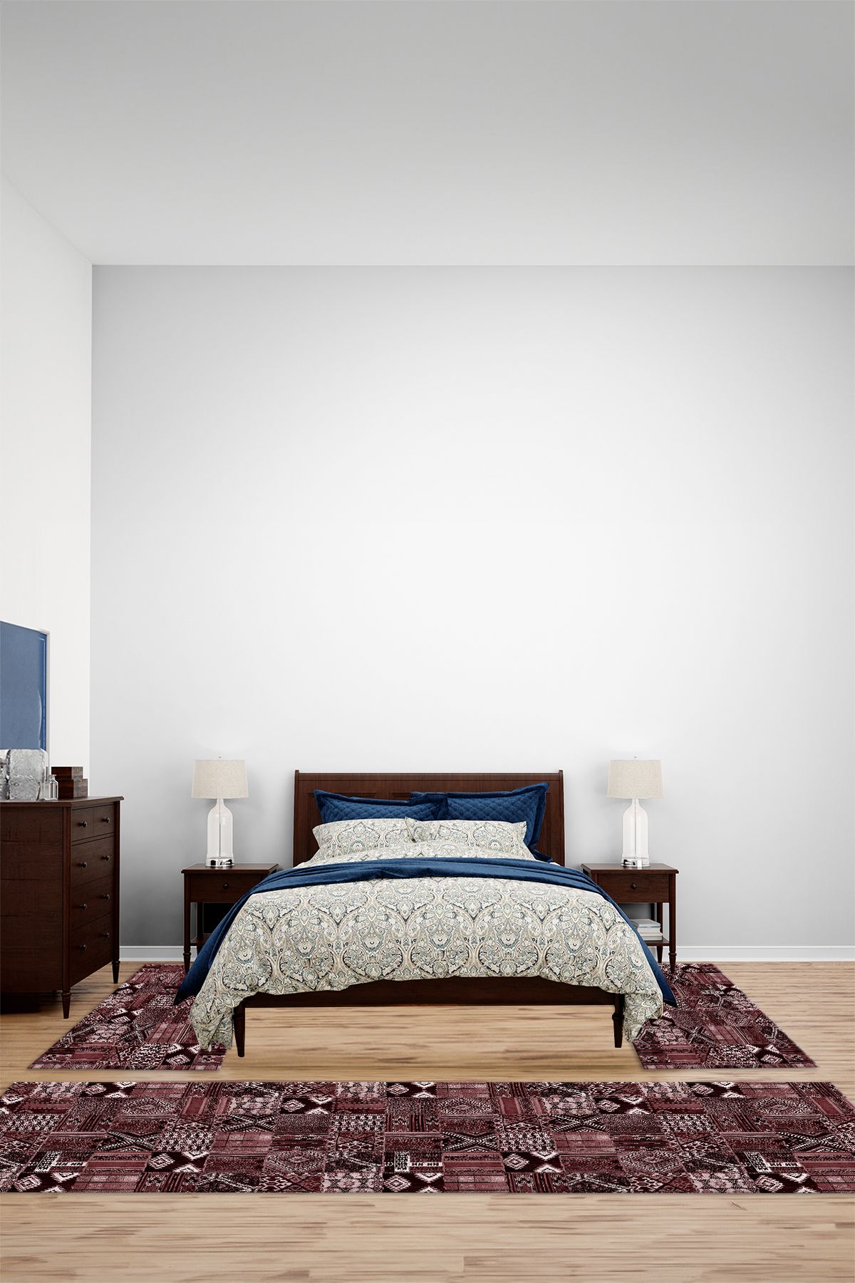 Viyana Home Dijital Baskılı Kaymaz Yıkanabilir Patchwork Desen Üçlü Yatak Odası Halısı, YO-PATCHWORK-49-BORDO,