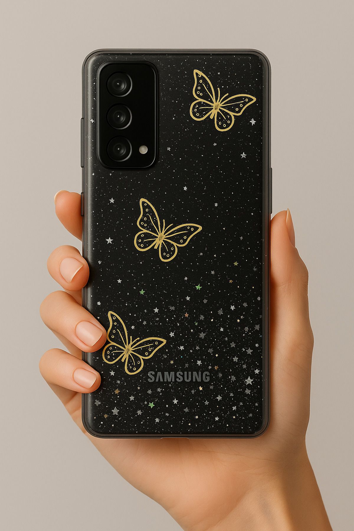 Rivor Samsung Galaxy S20 FE Kılıf Kamera Çıkıntılı Simli Kelebek Kabartmalı Desenli İnce Premium Kapak