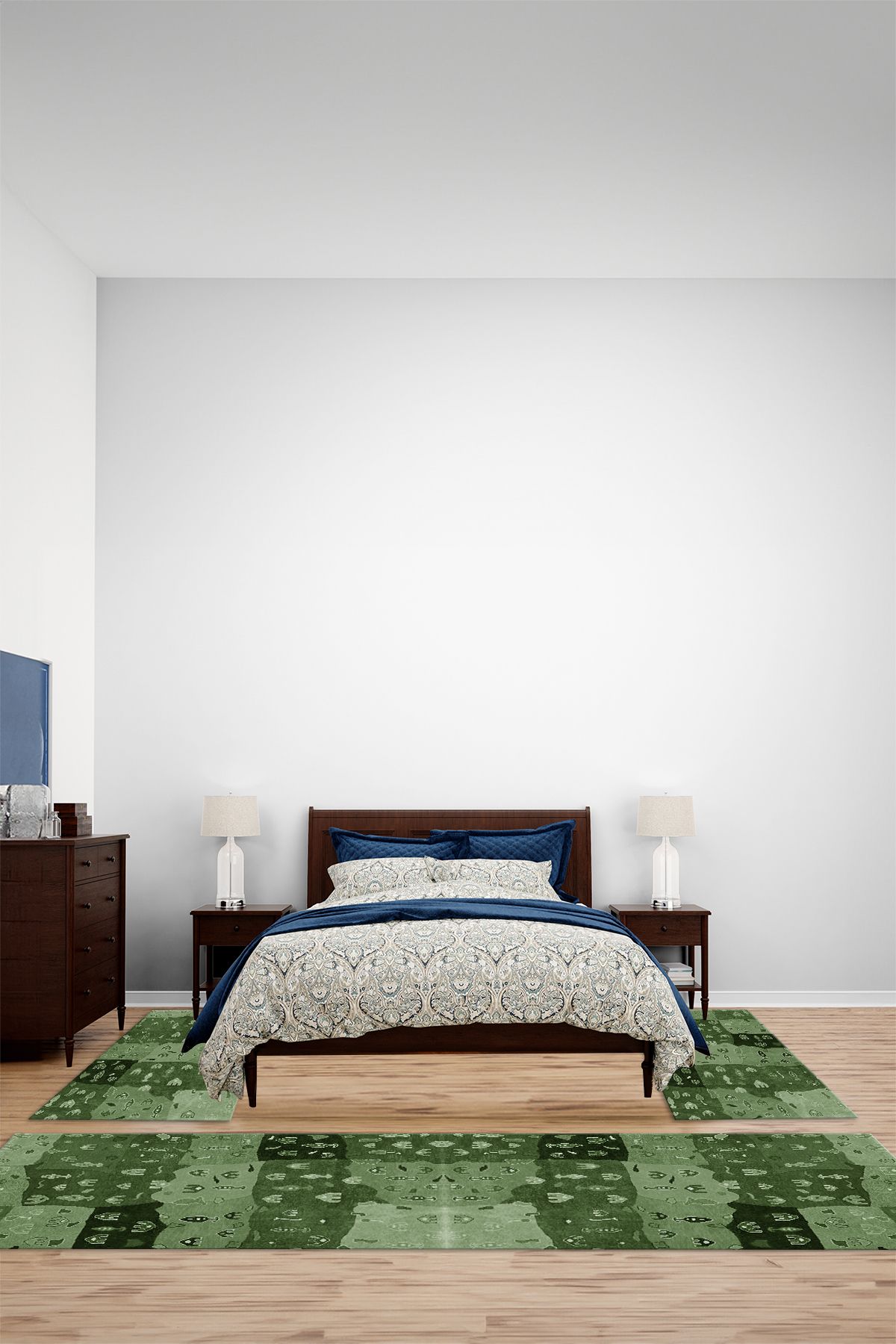 Viyana Home Dijital Baskılı Kaymaz Yıkanabilir Patchwork Desen Üçlü Yatak Odası Halısı, YO-PATCHWORK-59-YEŞİL,