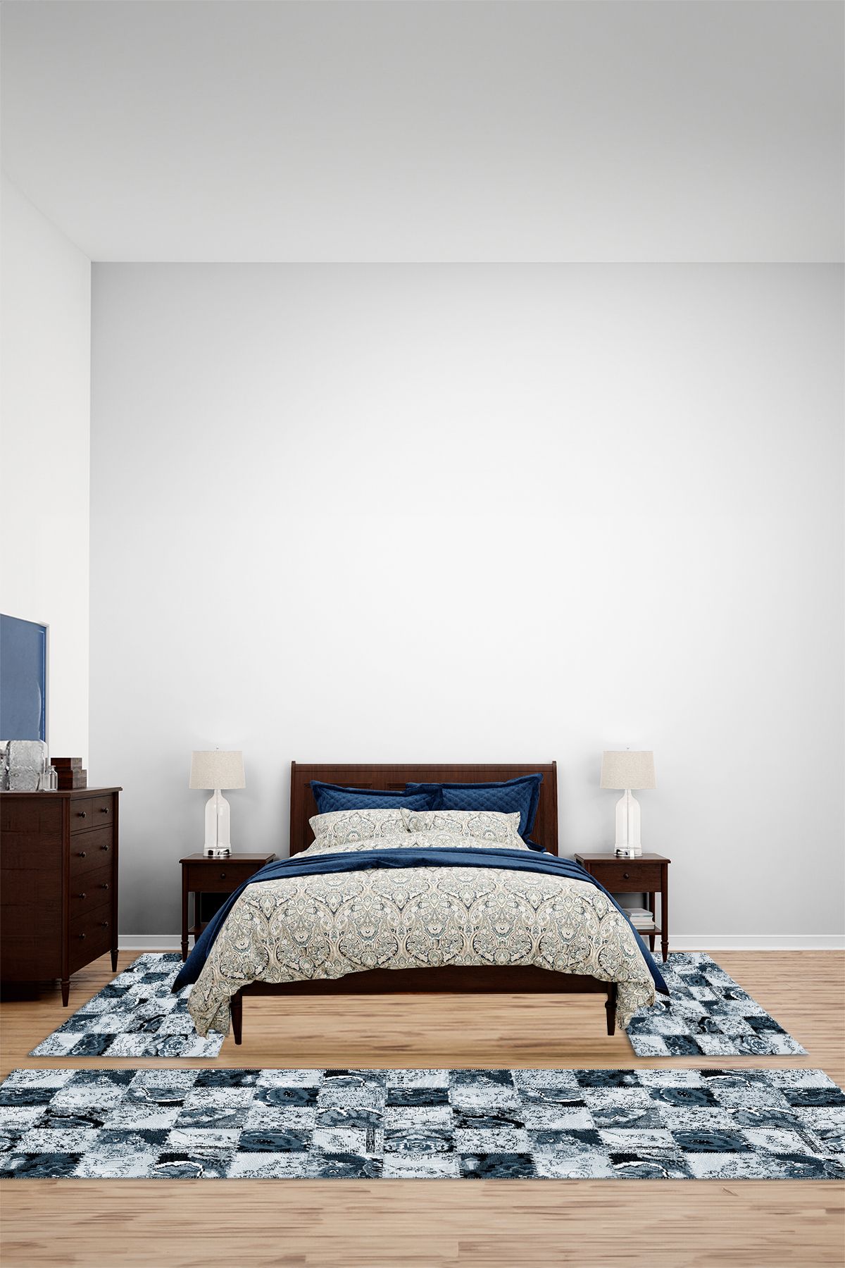 Viyana Home Dijital Baskılı Kaymaz Yıkanabilir Patchwork Desen Üçlü Yatak Odası Halısı, YO-PATCHWORK-42-MAVİ,