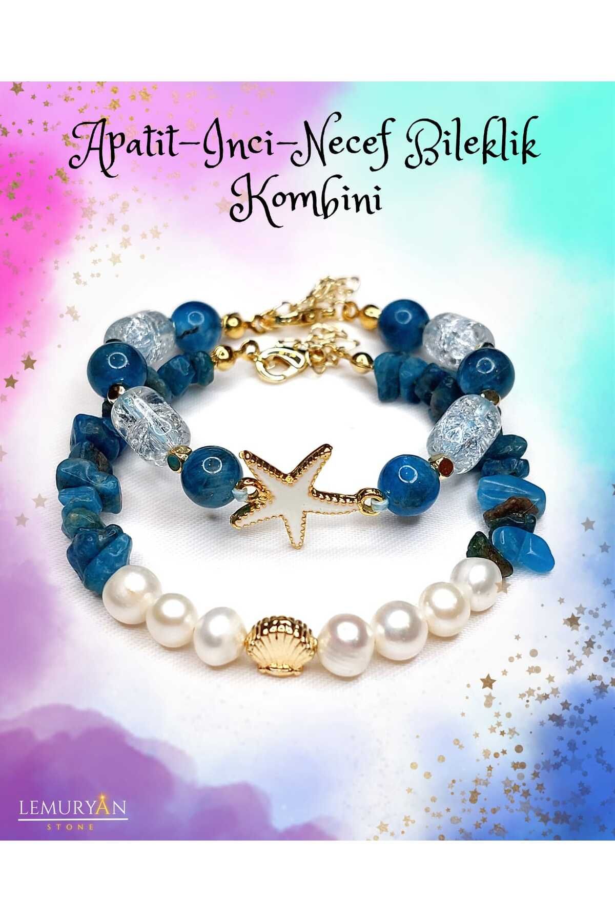 Herkimer Doğal Taş Apatit - İnci - Necef Taşı Helozon 2'li Bileklik Kombini