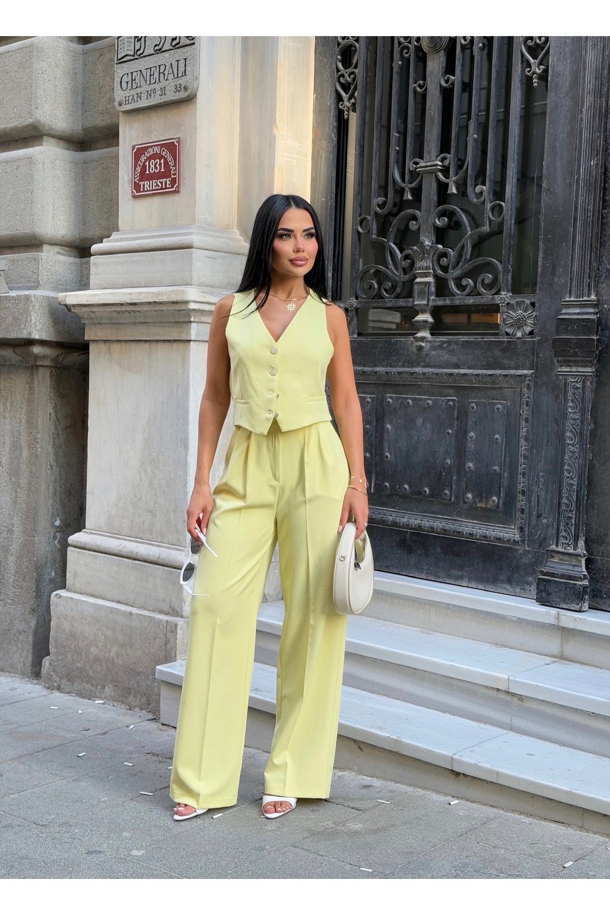 LB Laluna Butik Kadın Keten Takım Yelek Ve Palazzo Pantolon