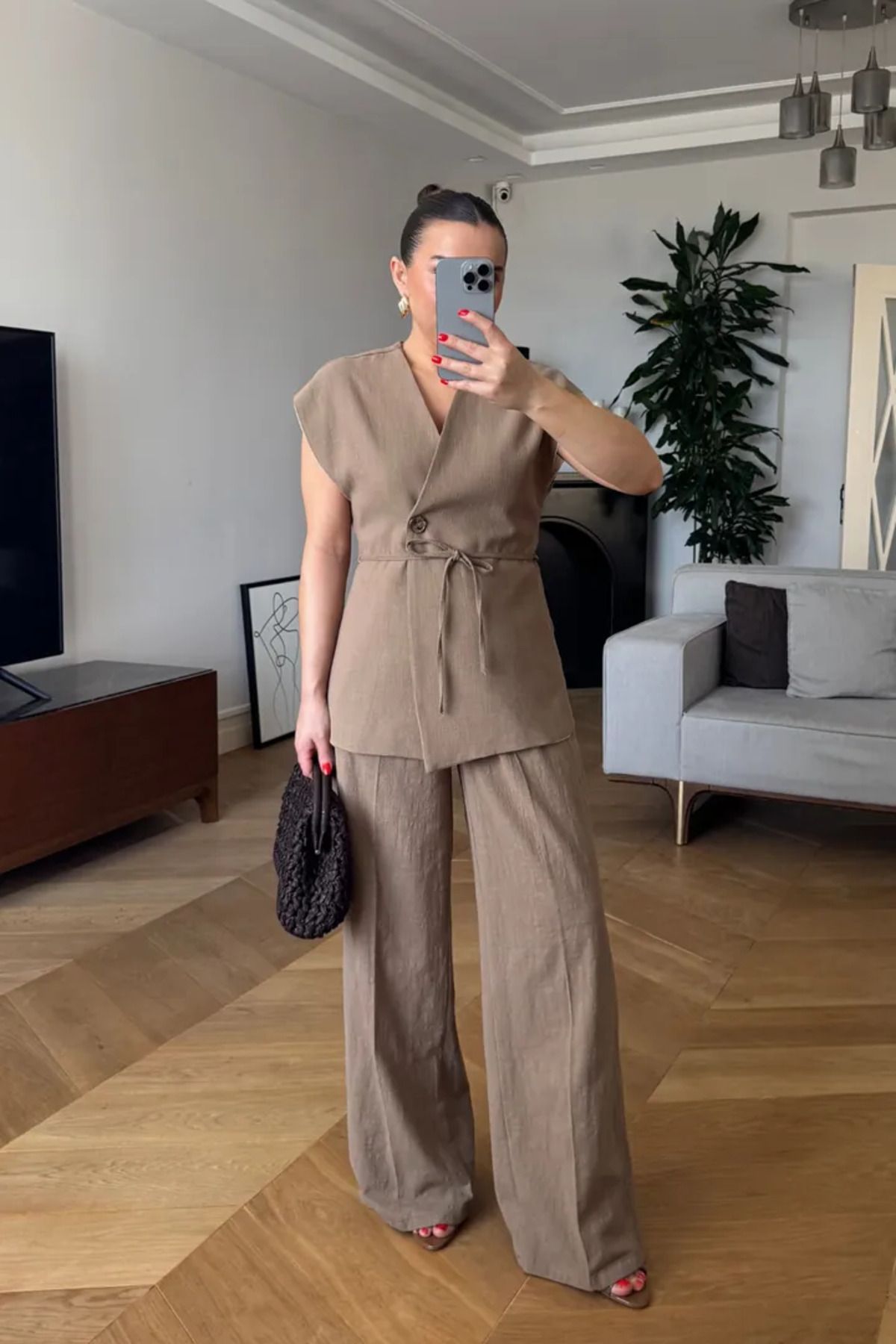 Tuba Butik Kruvaze Yelek Pantolon Keten Kadın Takım