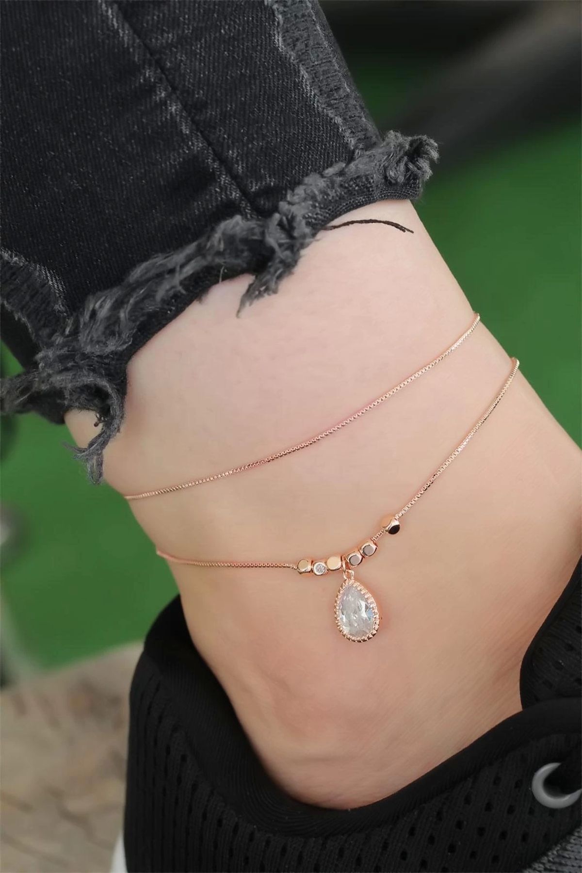 Moco Rose Gold Renk Zirkon Damla Taşlı Halhal