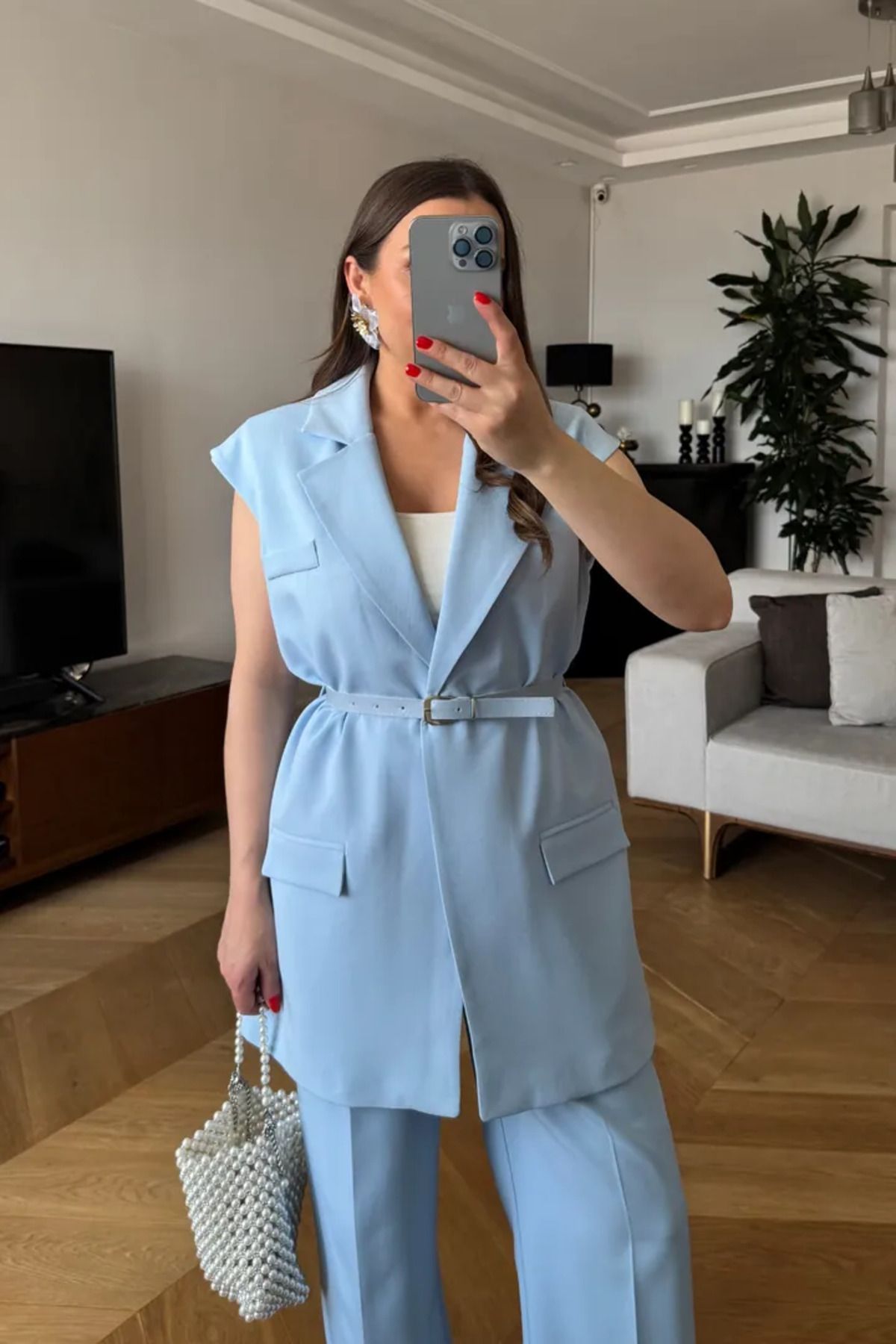 Tuba Butik Kemerli Oversize Kadın Yelek