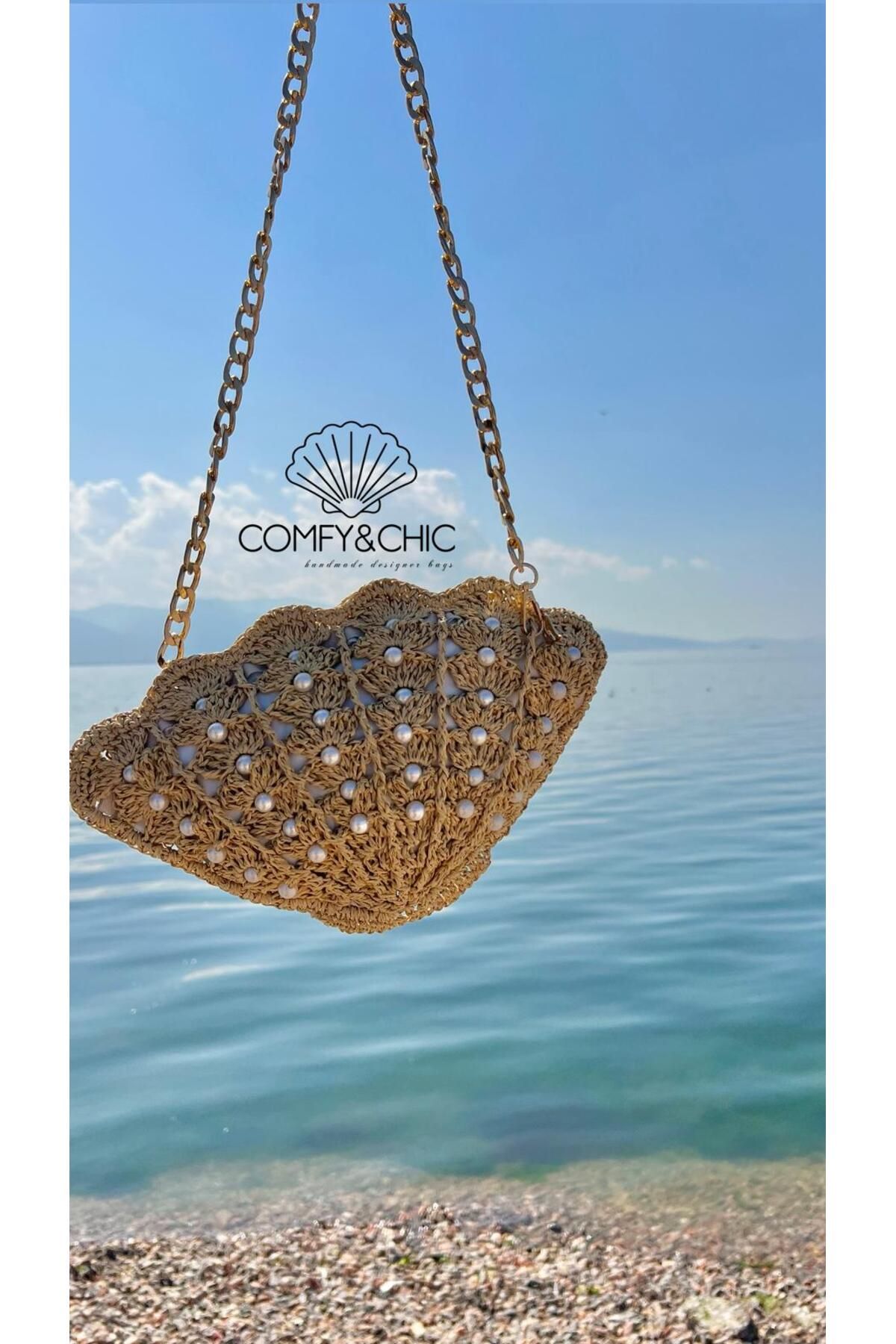 comfychic Özel Üretim el işçiliği Kadın Istiridye Midye Omuz Çapraz Çanta Hasır El Yapımı Çanta