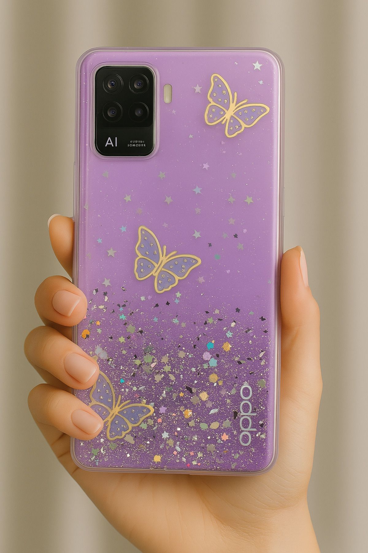 Rivor Oppo Reno 4 Lite Uyumlu Kılıf Kamera Çıkıntılı Simli Kelebek Kabartmalı Desenli İnce Premium Kapak