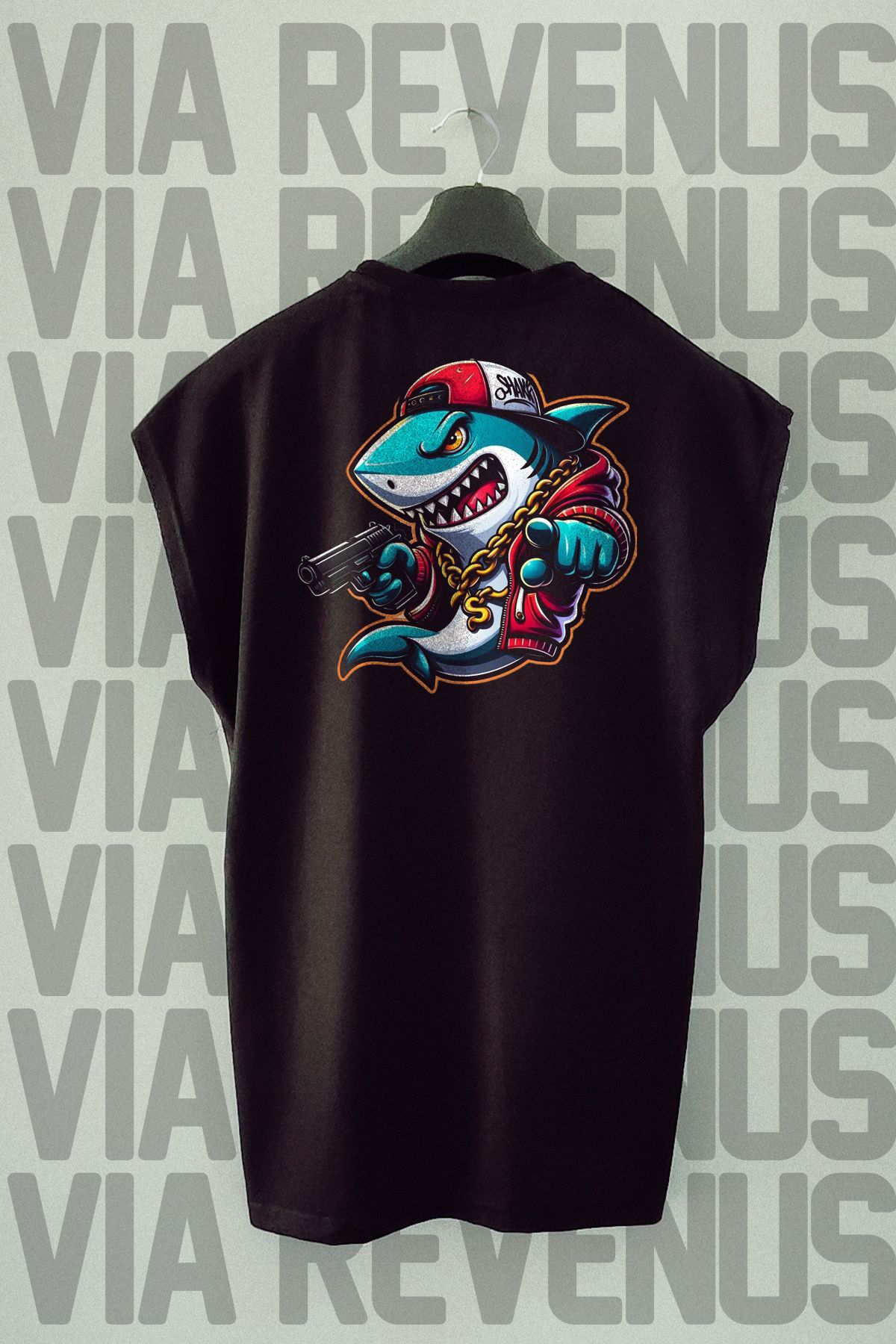 Vordevia Gangsta Shark Sırt Baskılı Sıfır Kollu Bisiklet Yaka Spor Tshirt