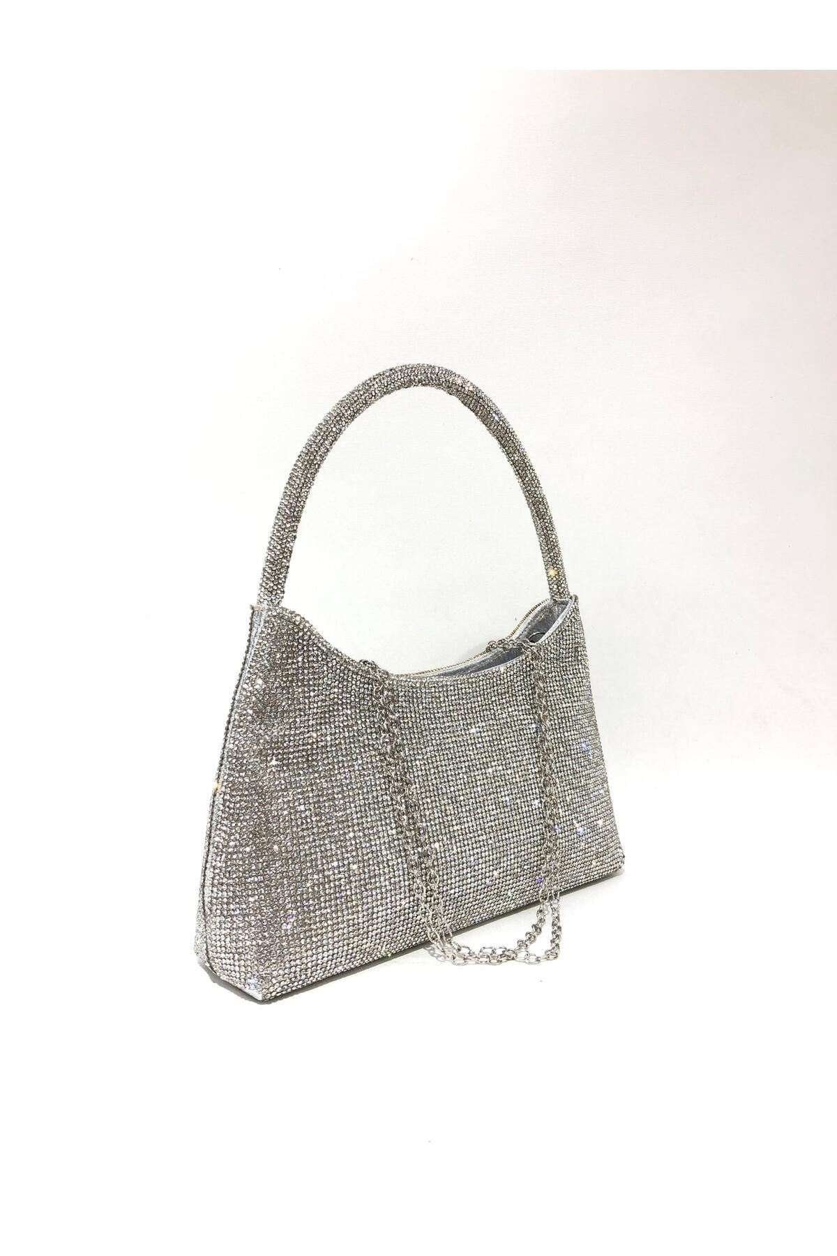 womenacs Gümüş Renk Taşlı Elde Tutmalı Abiye Clutch Portföy Düğün Nişan Kına Kadın Gece Çantası (askılı)
