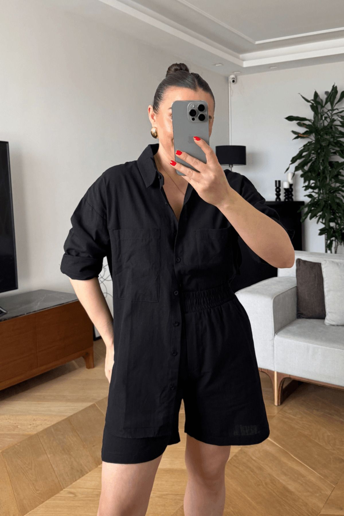 Tuba Butik Keten Karışımlı Gömlek Şort Kadın Takım