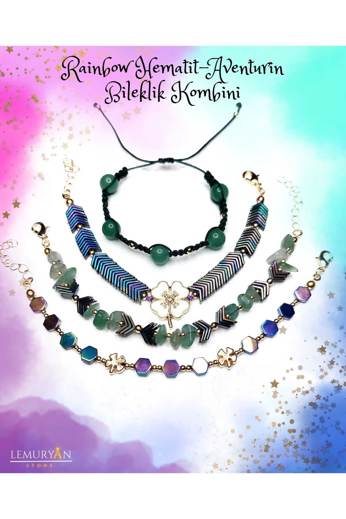Herkimer Doğal Taş Rainbow Hematit & Aventurin 4'lü Doğaltaş Bileklik Kombini