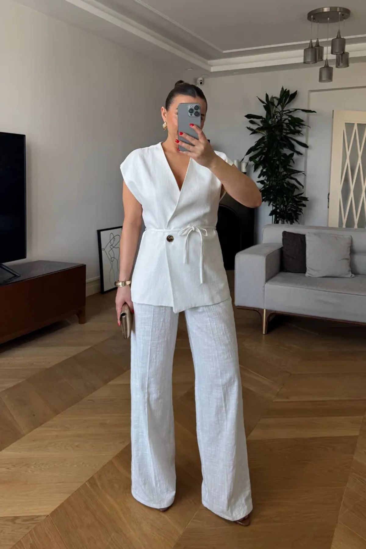 Tuba Butik Kruvaze Yelek Pantolon Keten Kadın Takım