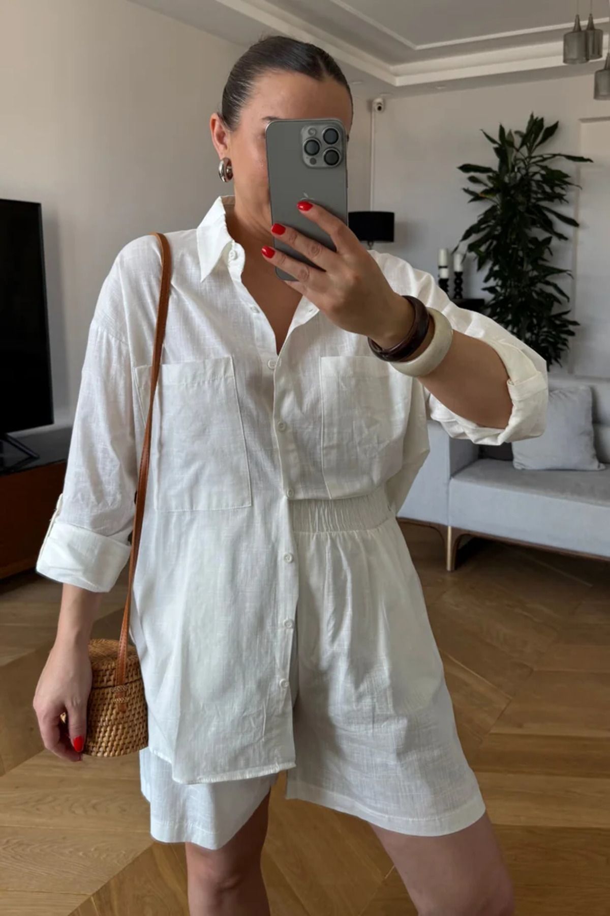 Tuba Butik Keten Karışımlı Gömlek Şort Kadın Takım