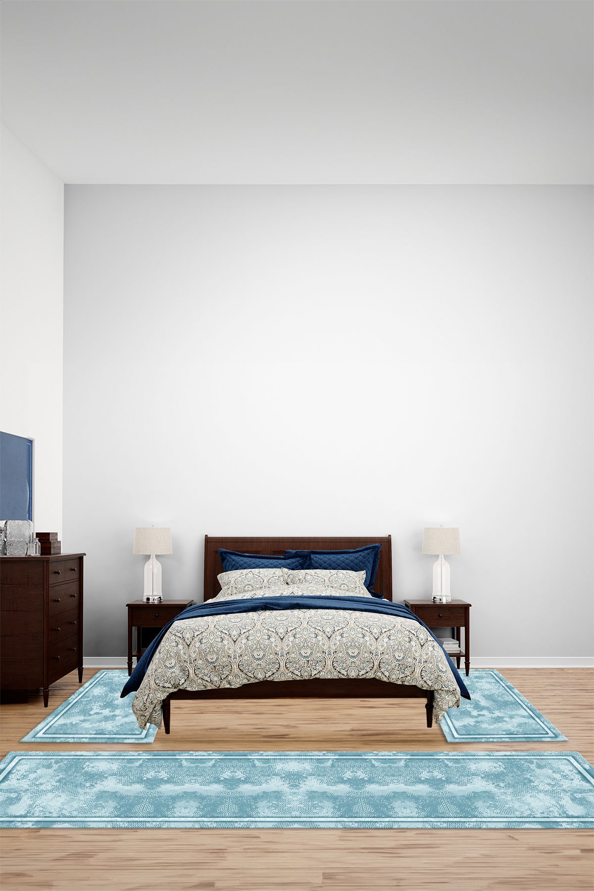Viyana Home Dijital Kaymaz Taban Yıkanabilir Sade Çerçeveli Desen Üçlü Yatak Odası Halısı, YO-SADE-126-MAVİ,