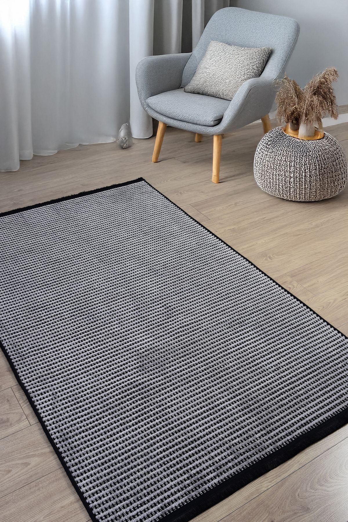Casa Deluxe Home Şönil Halı Pamuk Dokuma Yazlık Yıkanabilir Kaymaz Modern Desen Genç Odası Gri