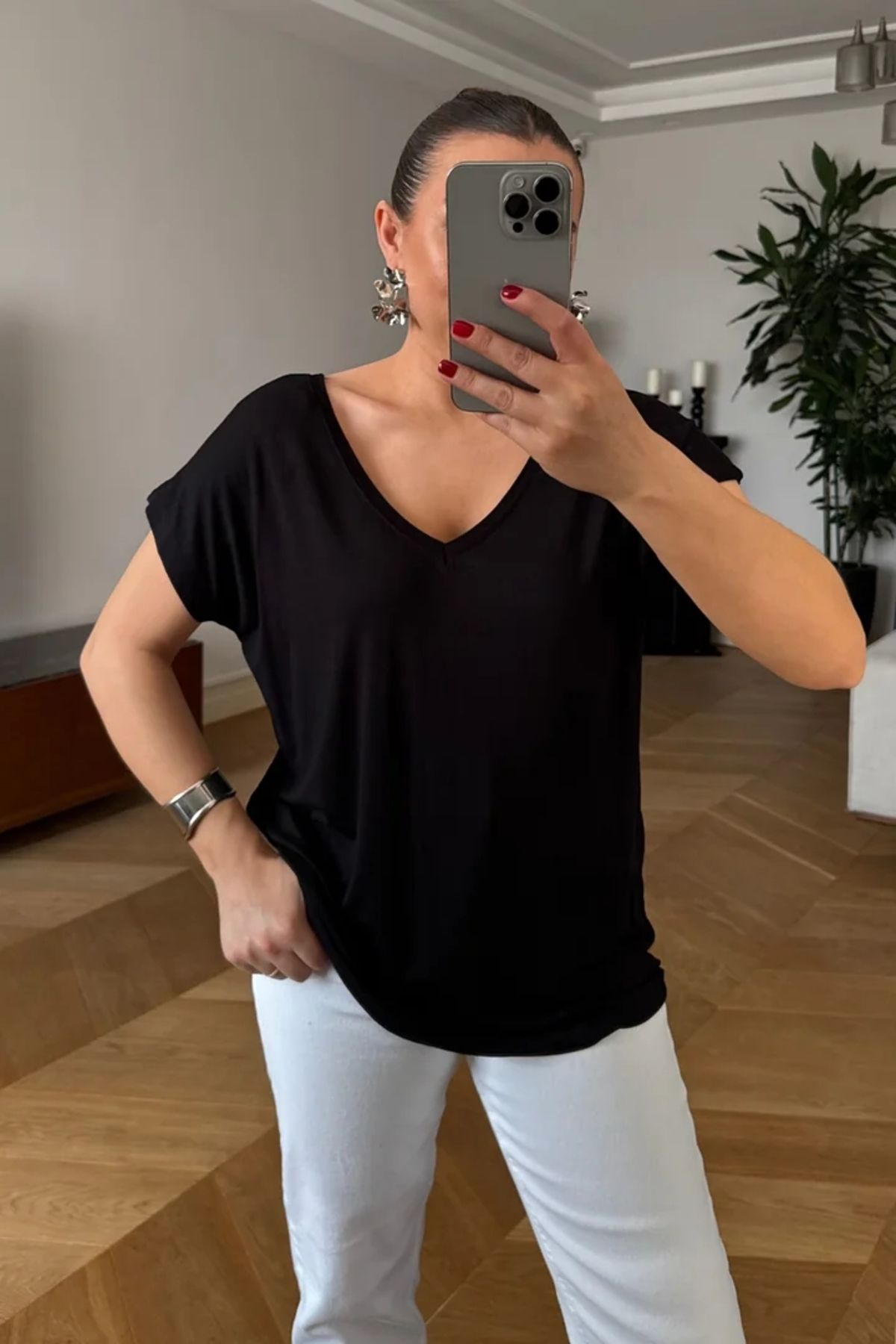 Tuba Butik Ön Arka V Kısa Kollu Kadın Tişört