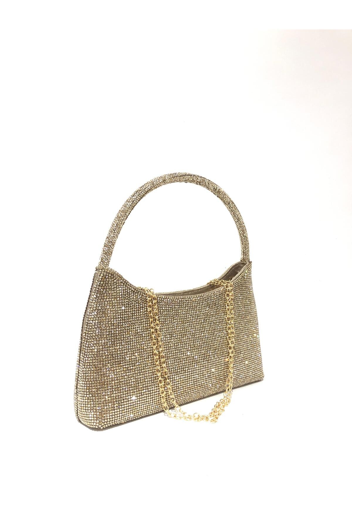 womenacs Altın Renk Taşlı Elde Tutmalı Abiye Clutch Portföy Düğün Nişan Kına Kadın Gece Çantası (askılı)