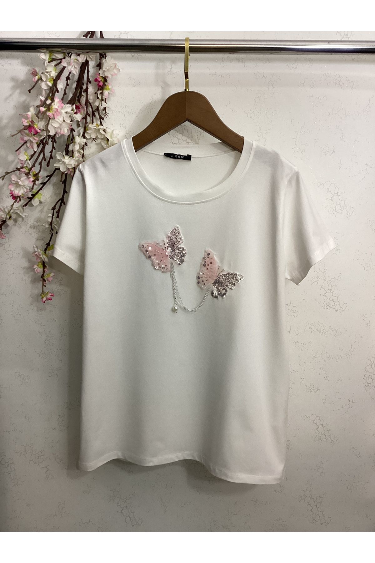 Wiges Kadın Bisiklet Yaka Kelebek Desenli Özel Tasarım T-shirt