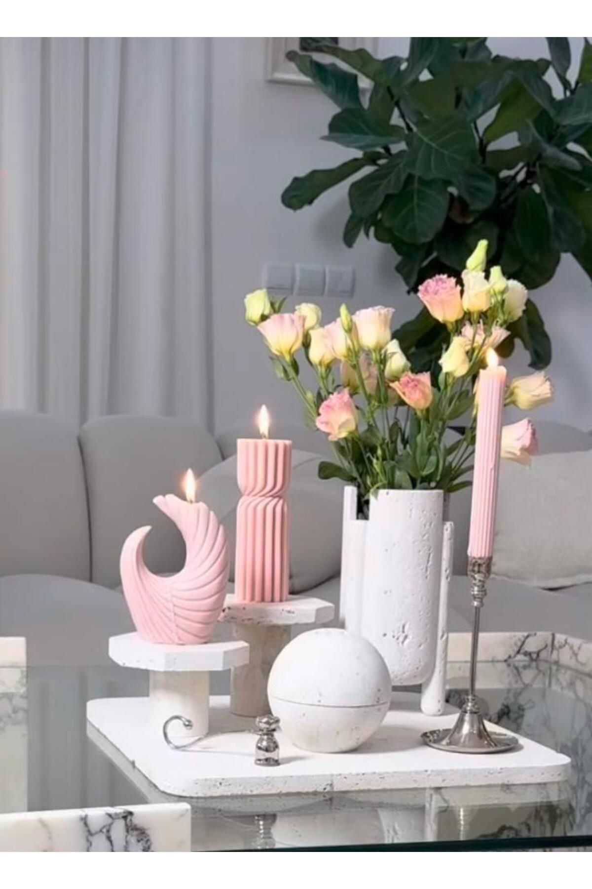 SCA CANDLE Dekoratif Mum Çokgen+Ay +Şamdanlık Mum Toplam 3 Parça