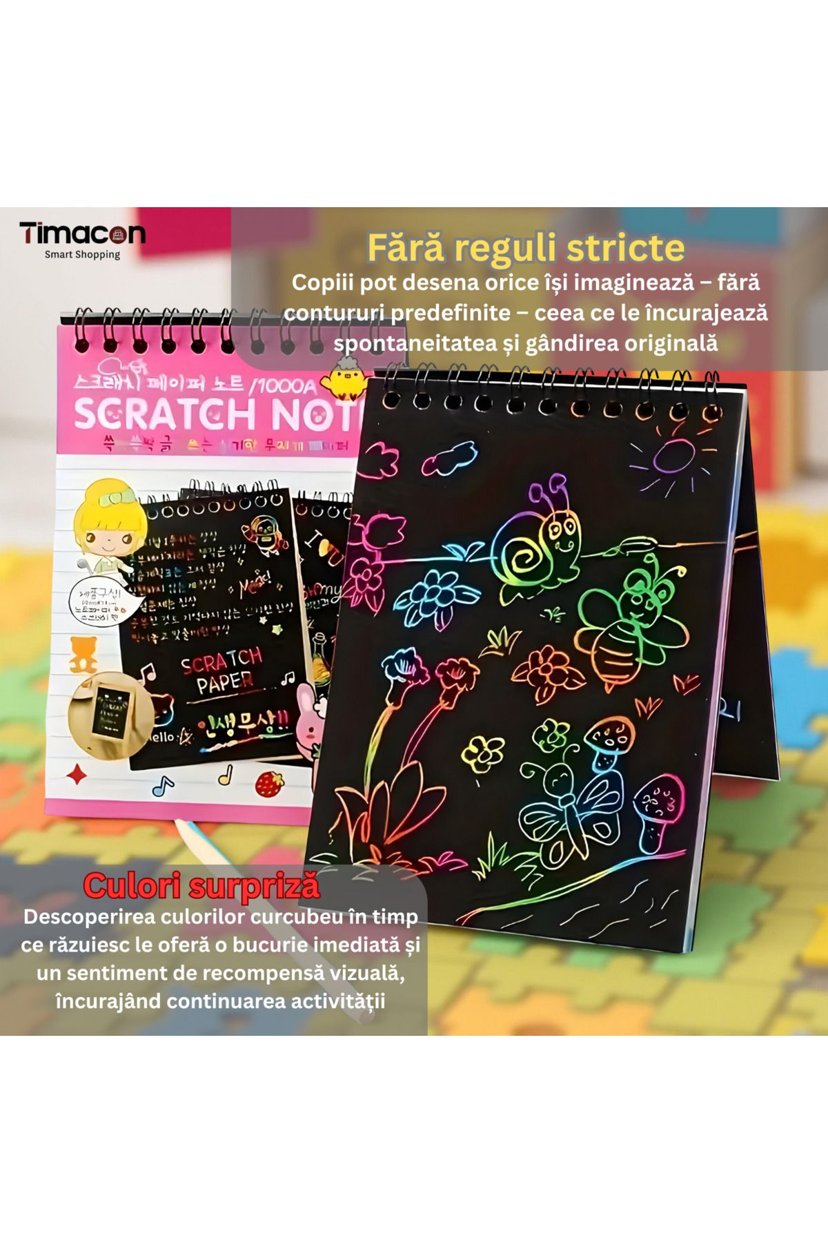 Tim-Set of 4 notebooks with scratch-off pages, Magic Scratch, 10 Pages, Rainbow, Wooden Pencil, Black Cards 4