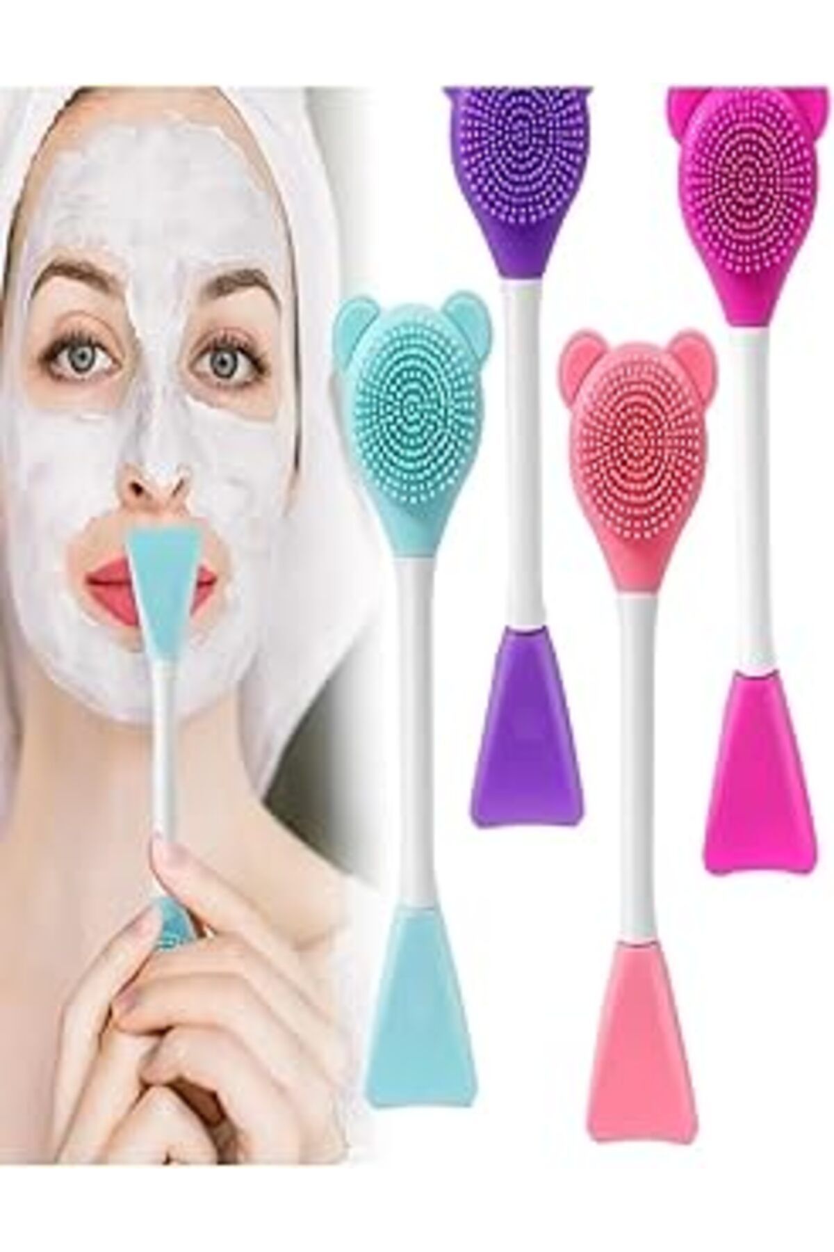 Mu Art Ahşap Tineke 3 In 1 Ayıcık Silikon Maske Sürme Peeling Ve Temizleme Firçası Silikon Maske Spatulası