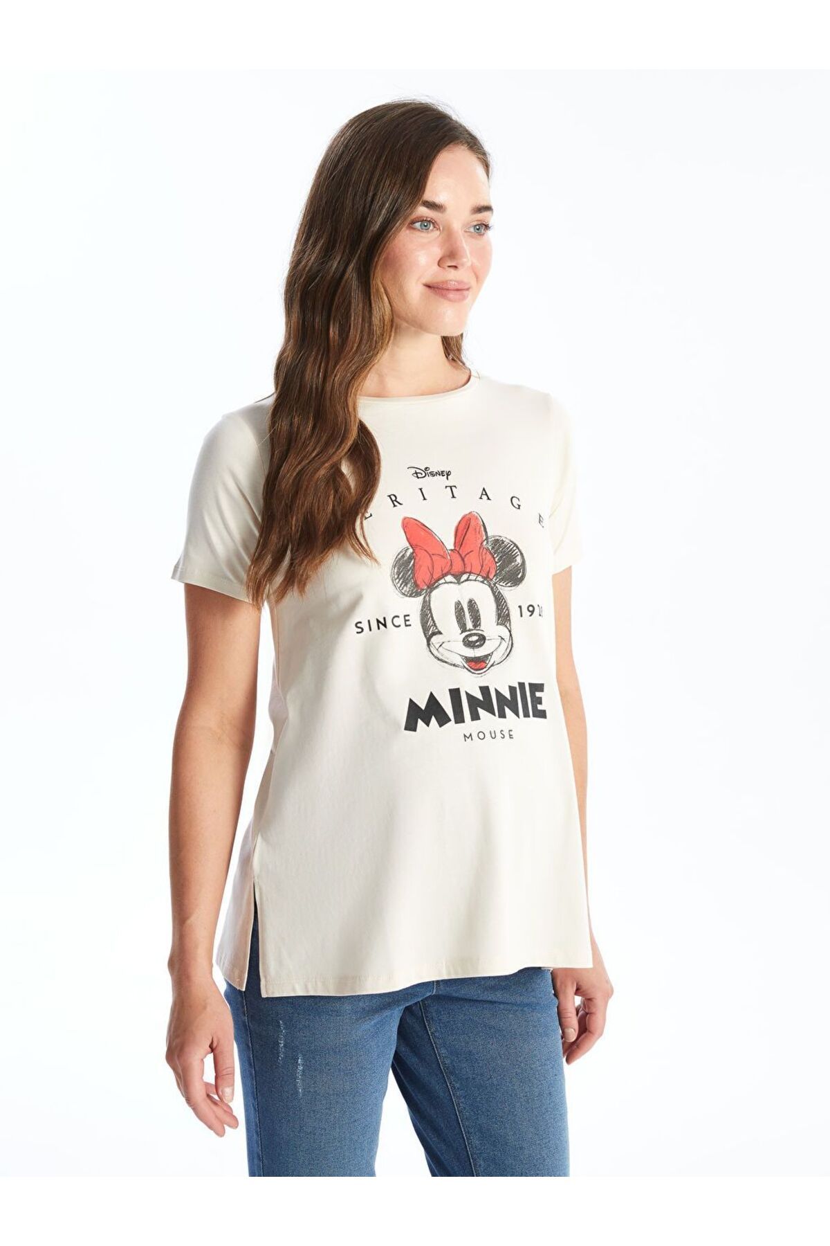 LC Waikiki Bej Bisiklet Yaka Minnie Mouse Baskılı Kısa Kollu Hamile Tişört