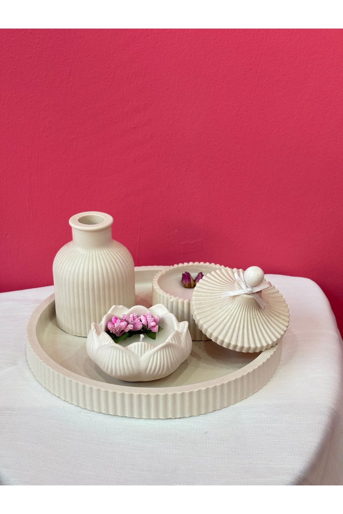 Home Dekoratif çizgili mumlu 3 lü set (mum dahil)