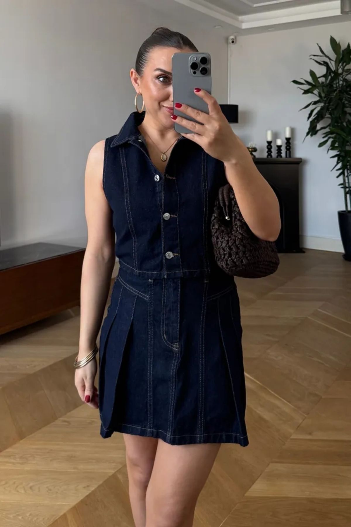 Tuba Butik Pileli Mini Denim Etek