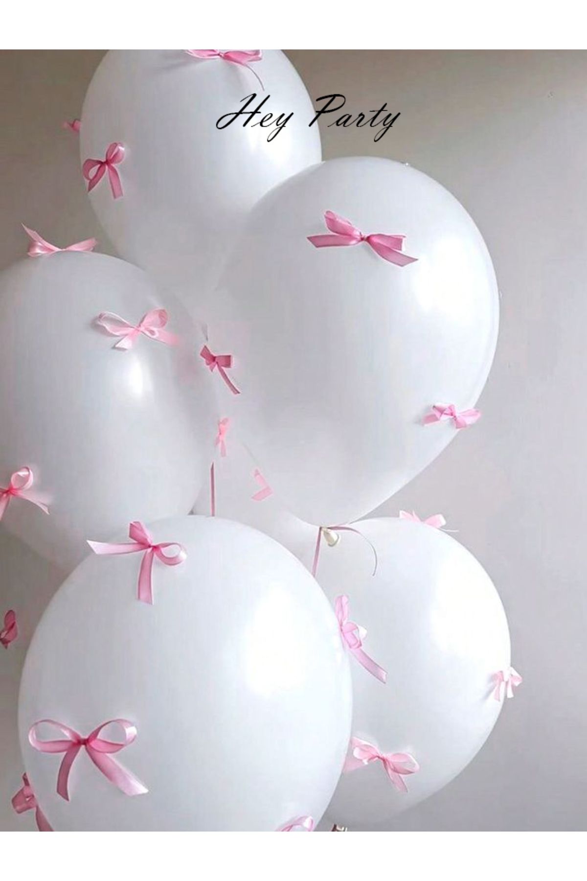 PartyPoo Beyaz Balon Seti 10'lu Pembe Fiyonk Kurdeleli - Doğum Günü Seti Fiyonklu Balon, Kurdeleli Balon