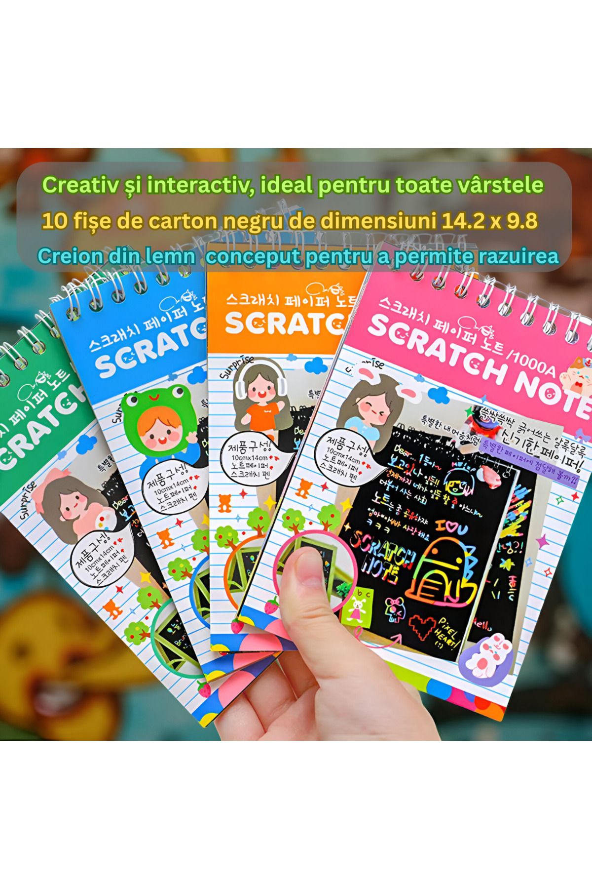 Tim-Set of 4 notebooks with scratch-off pages, Magic Scratch, 10 Pages, Rainbow, Wooden Pencil, Black Cards 6