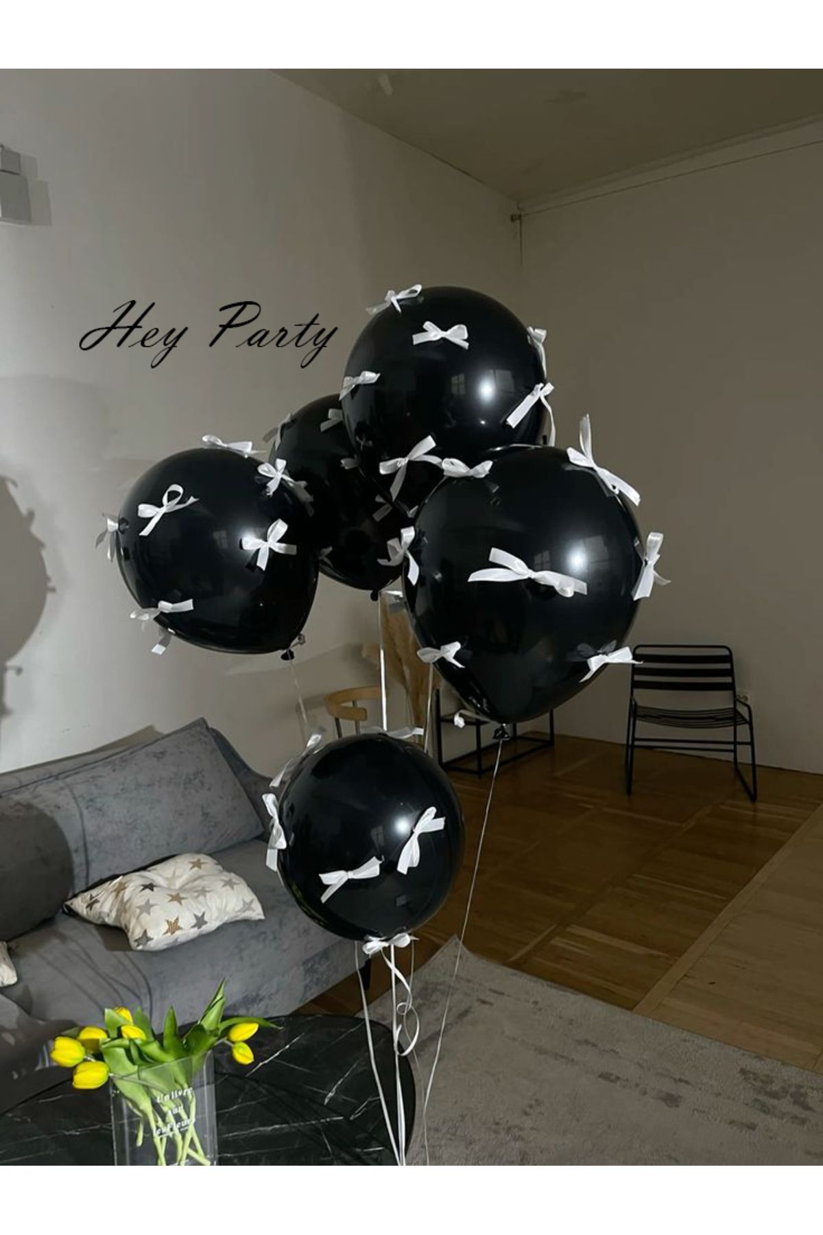PartyPoo Beyaz Fiyonk Kurdeleli Siyah Balon Seti 10'lu- Doğum Günü Seti Fiyonklu Balon, Kurdeleli Balon
