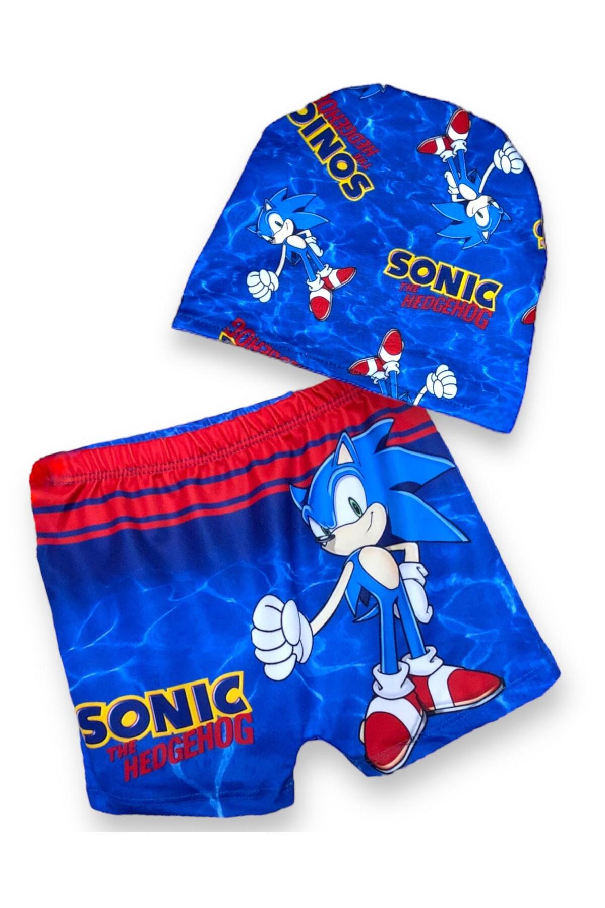 LİTTLE TORTOİSE Erkek Çocuk Sonic Desenli Esnek Rahat Kalıp Renkli 2'Li Deniz Şortu Bone Takımı fotoğrafı 2 (önizleme)