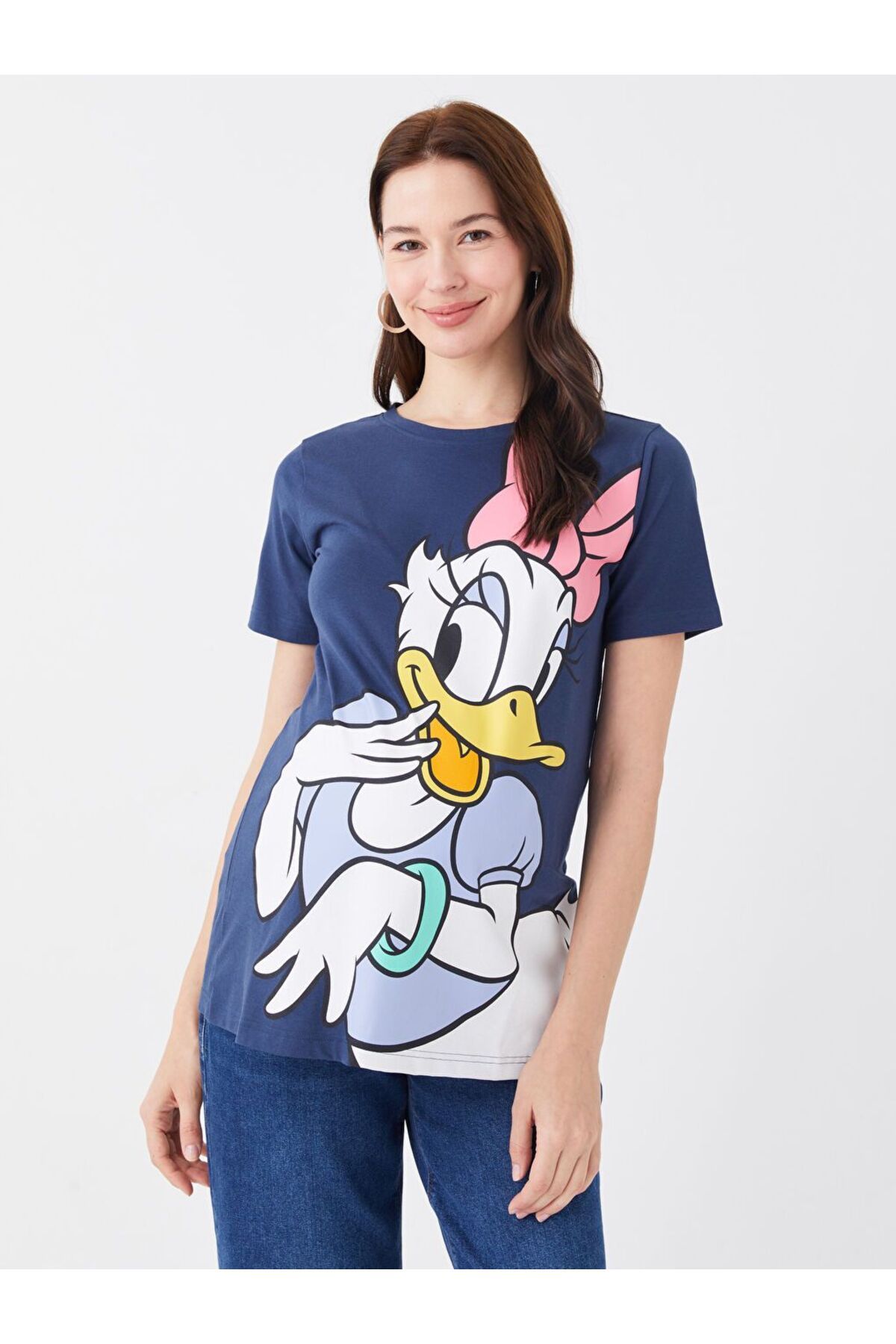 LC Waikiki Indigo Bisiklet Yaka Daisy Duck Baskılı Kısa Kollu Hamile Tişört