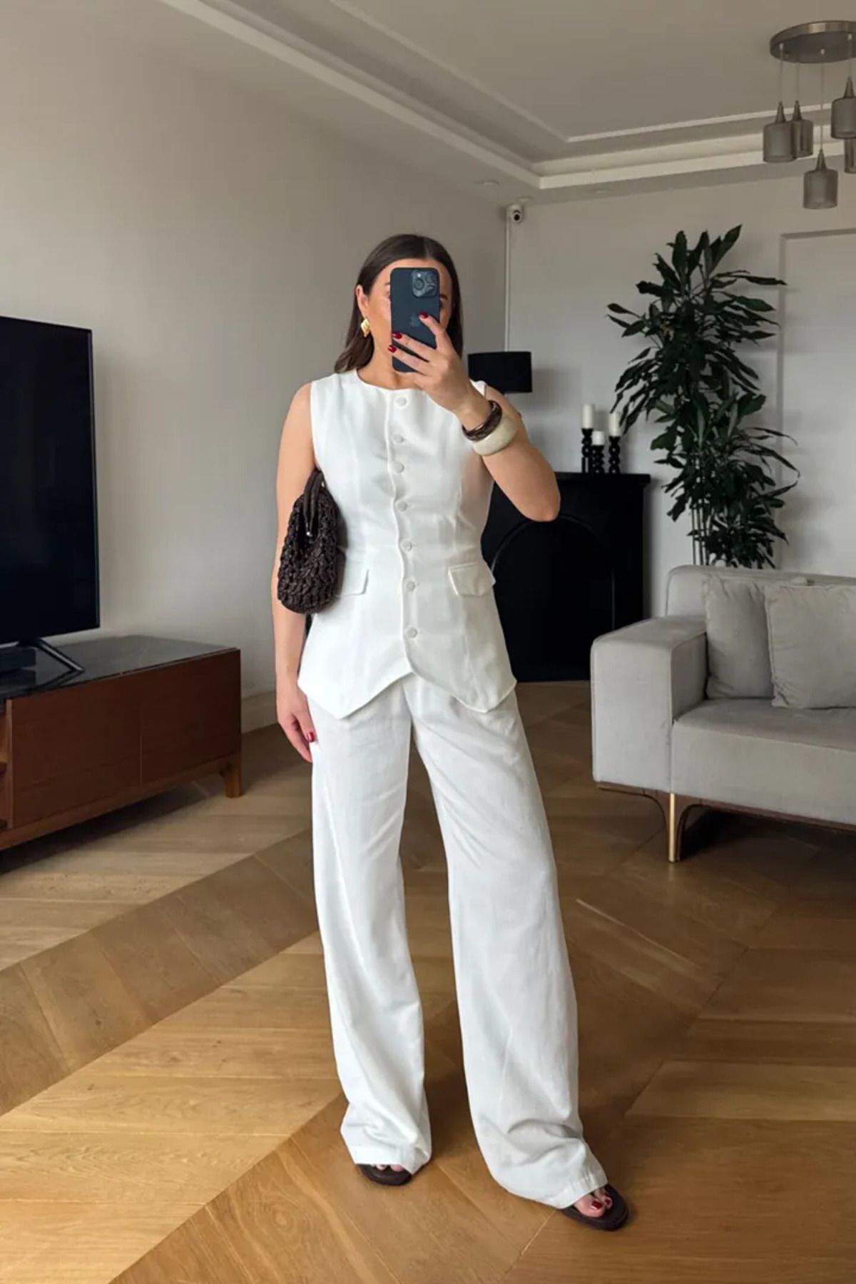 Tuba Butik Bisiklet Yaka Keten Karışımlı Kadın Yelek