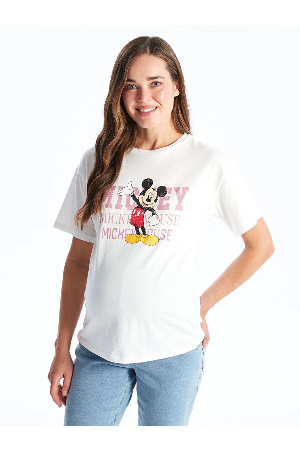 LC Waikiki Ekru Bisiklet Yaka Mickey Mouse Baskılı Kısa Kollu Hamile Tişört