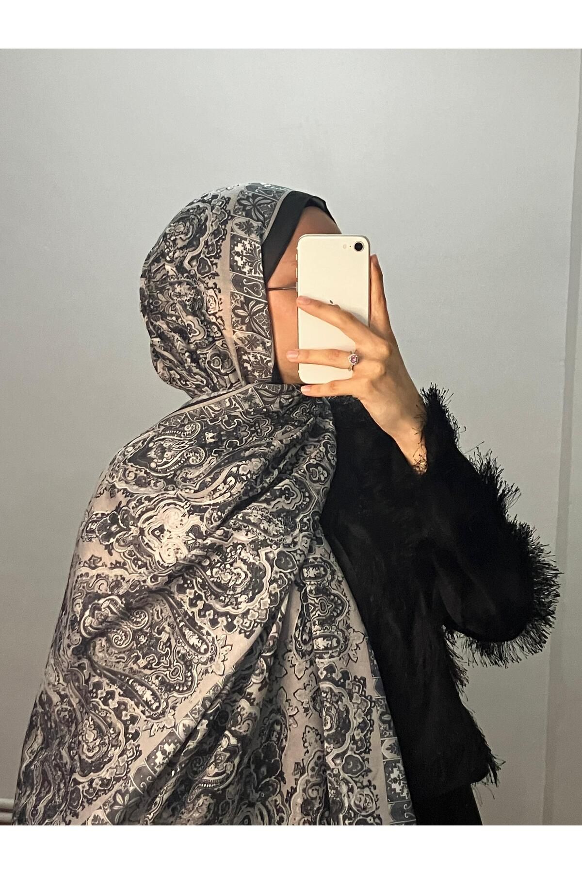 eyfel şal eşarp Etnik Desen Siyah Pamuk Şal