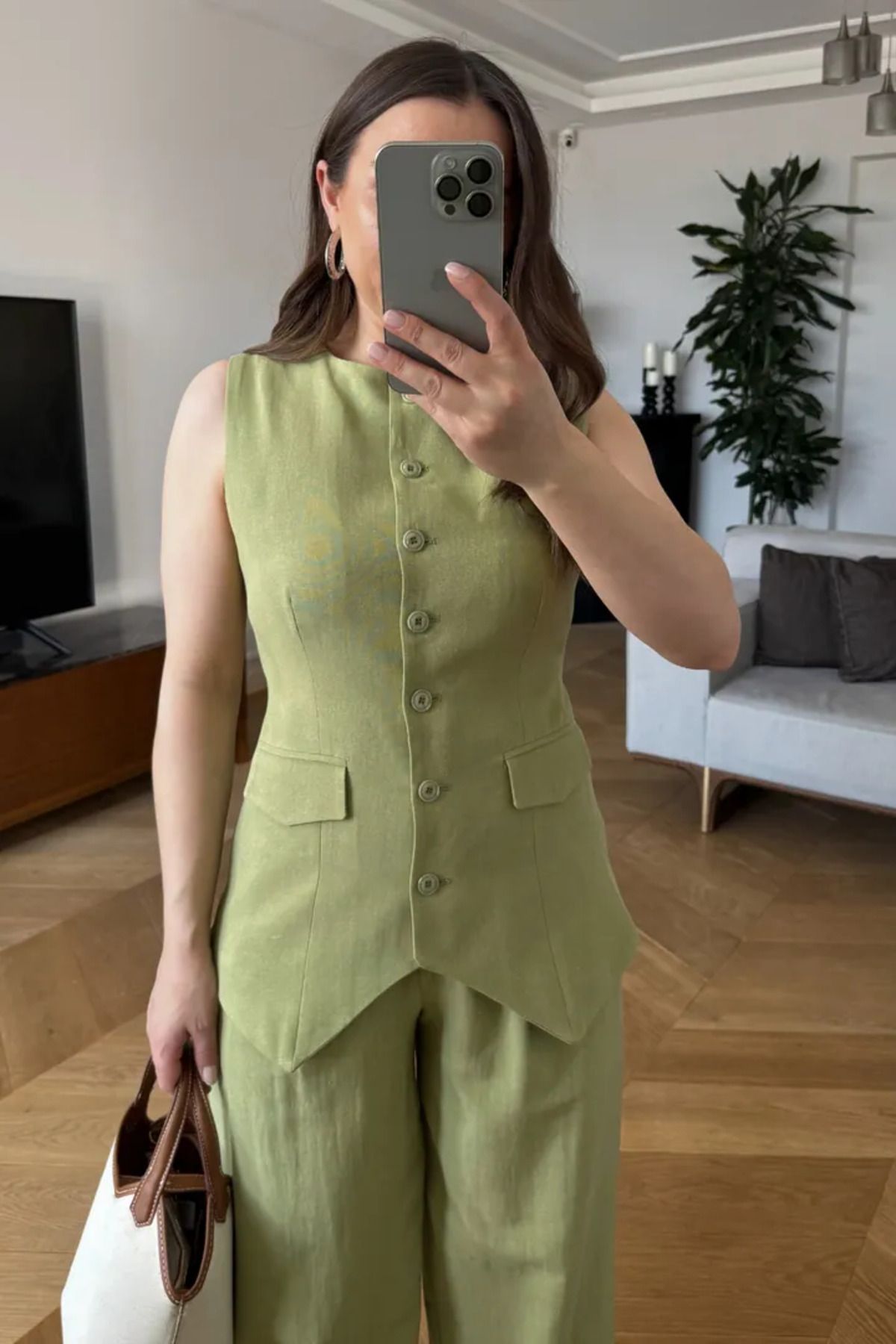 Tuba Butik Bisiklet Yaka Keten Karışımlı Kadın Yelek