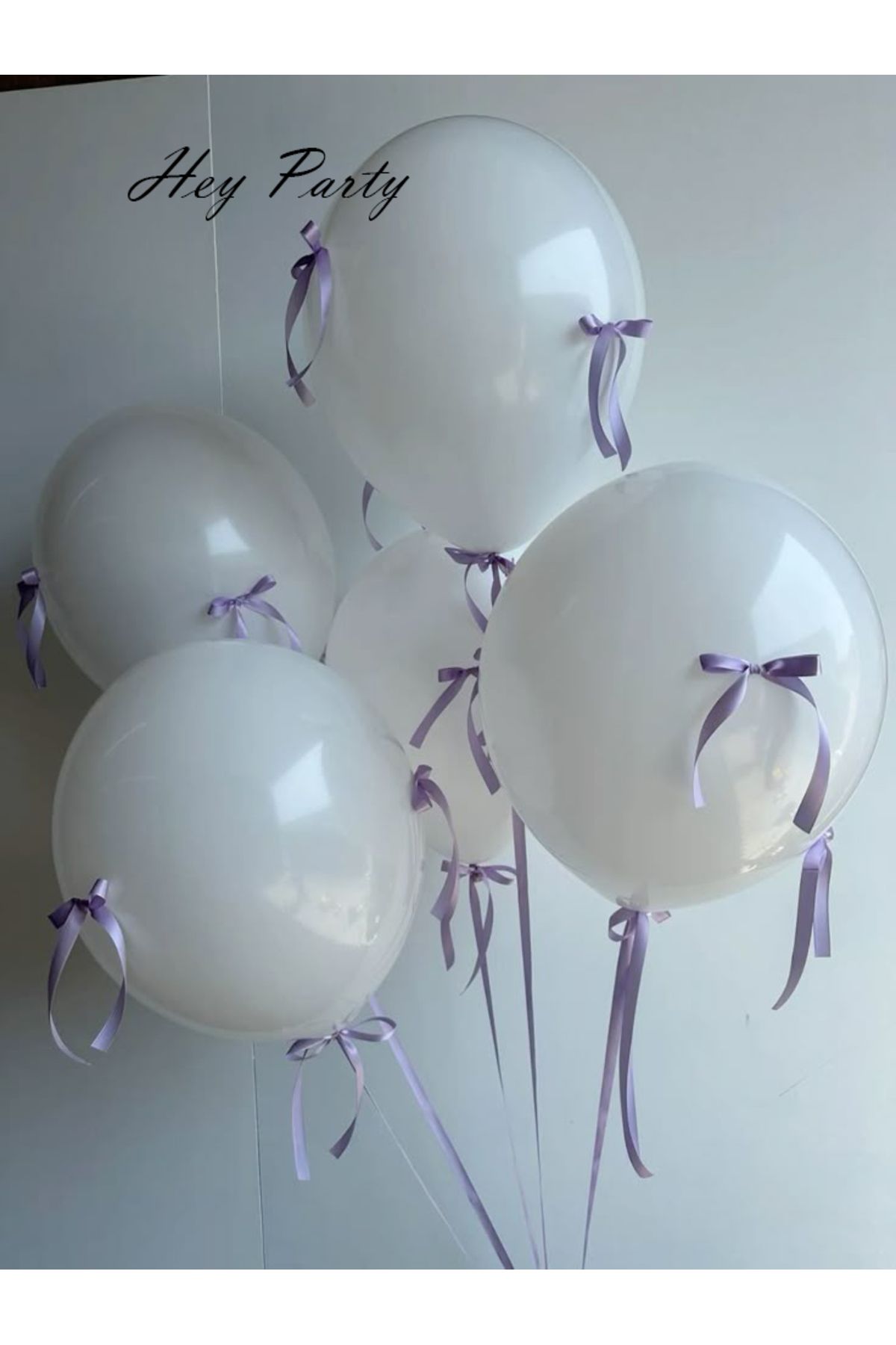 PartyPoo Lila Fiyonk Kurdeleli Beyaz Balon Seti 10'lu- Doğum Günü Seti Fiyonklu Balon, Kurdeleli Balon