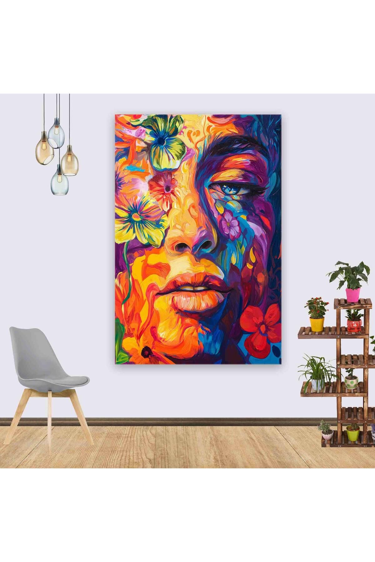 Ritmo Canvas Soyut Renkler ve Çiçeklerle Kadın Portresi (2) Kanvas Tablo