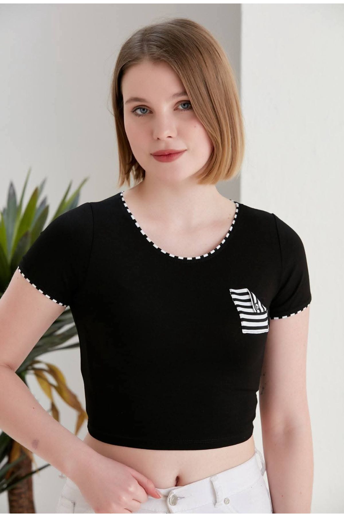 LUSHİGO Kadın Kontrast şeritli Penye Crop